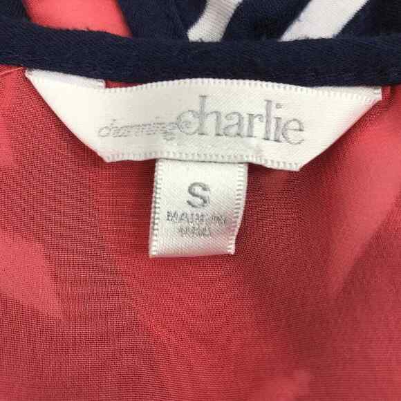 Womens Small Nautical Stripe Top Blue White Blouse Tie‎ Sheer Red Back - Picture 5 of 7